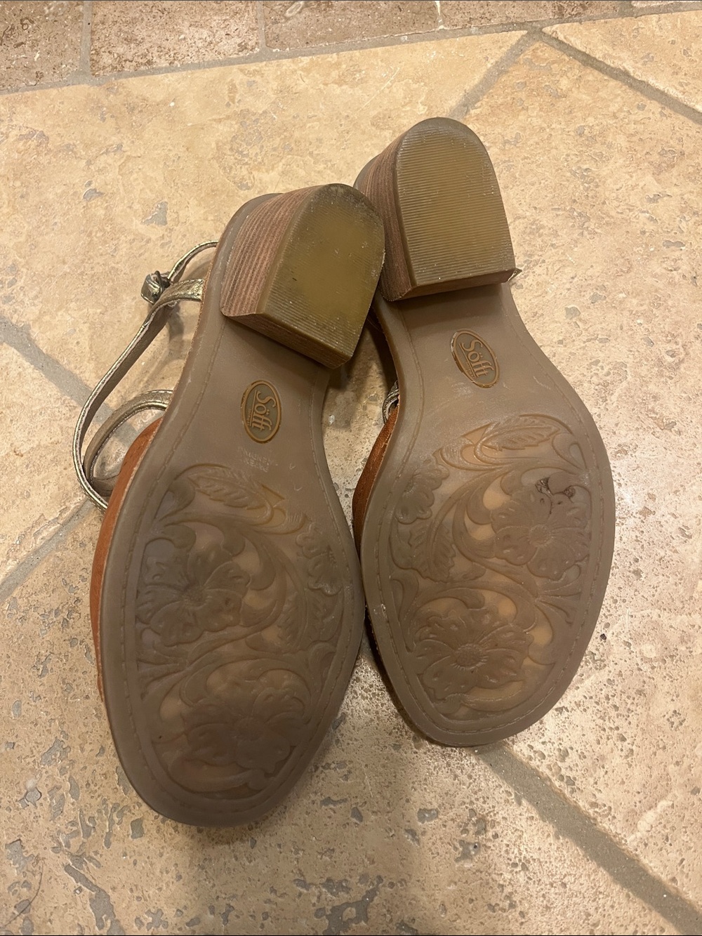 Women's Brown Tan Leather Block Heel Sandals with Gold Straps - Picture 3 of 5